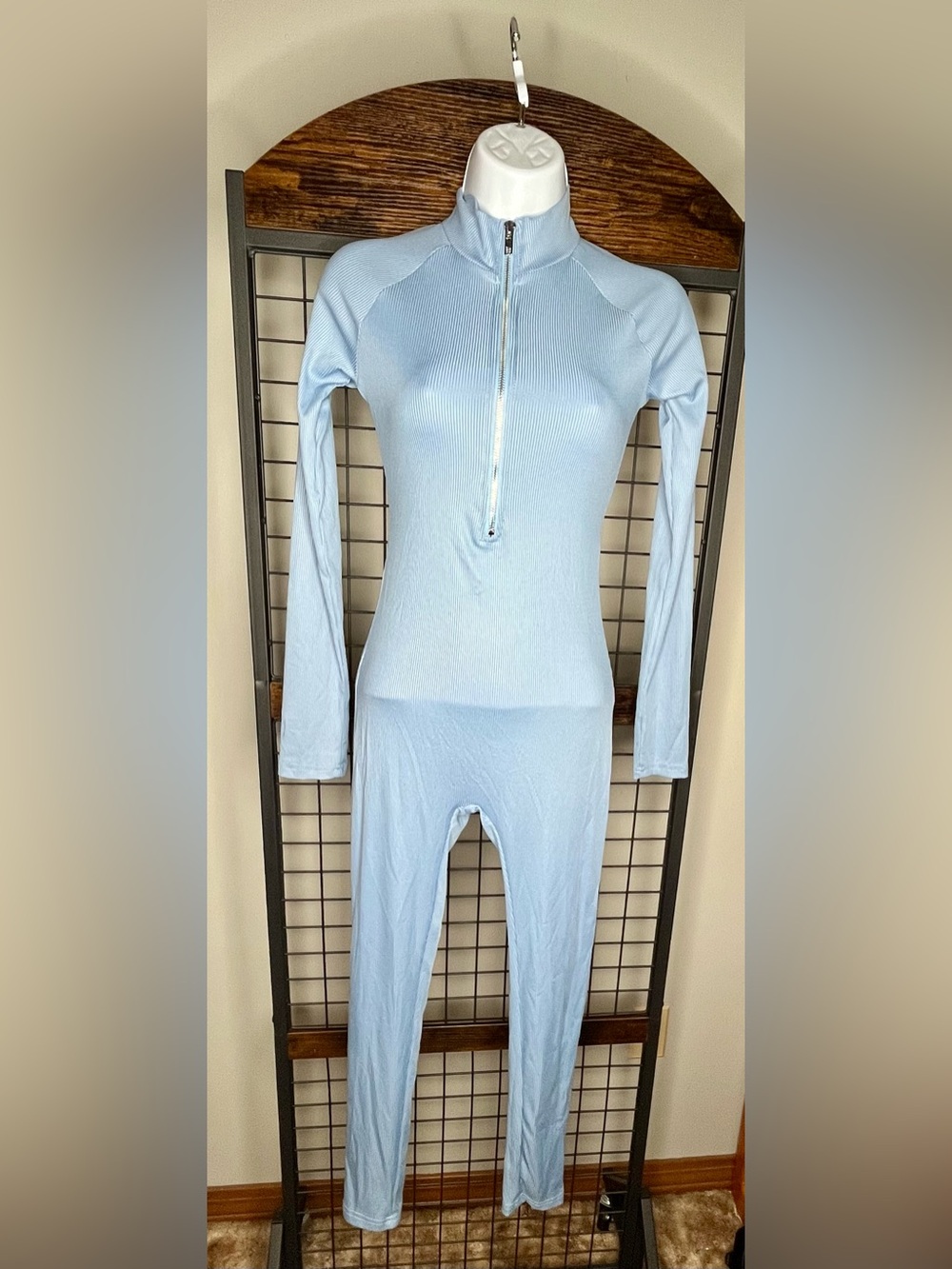 Light Blue Ribbed Zip-Front Jumpsuit
